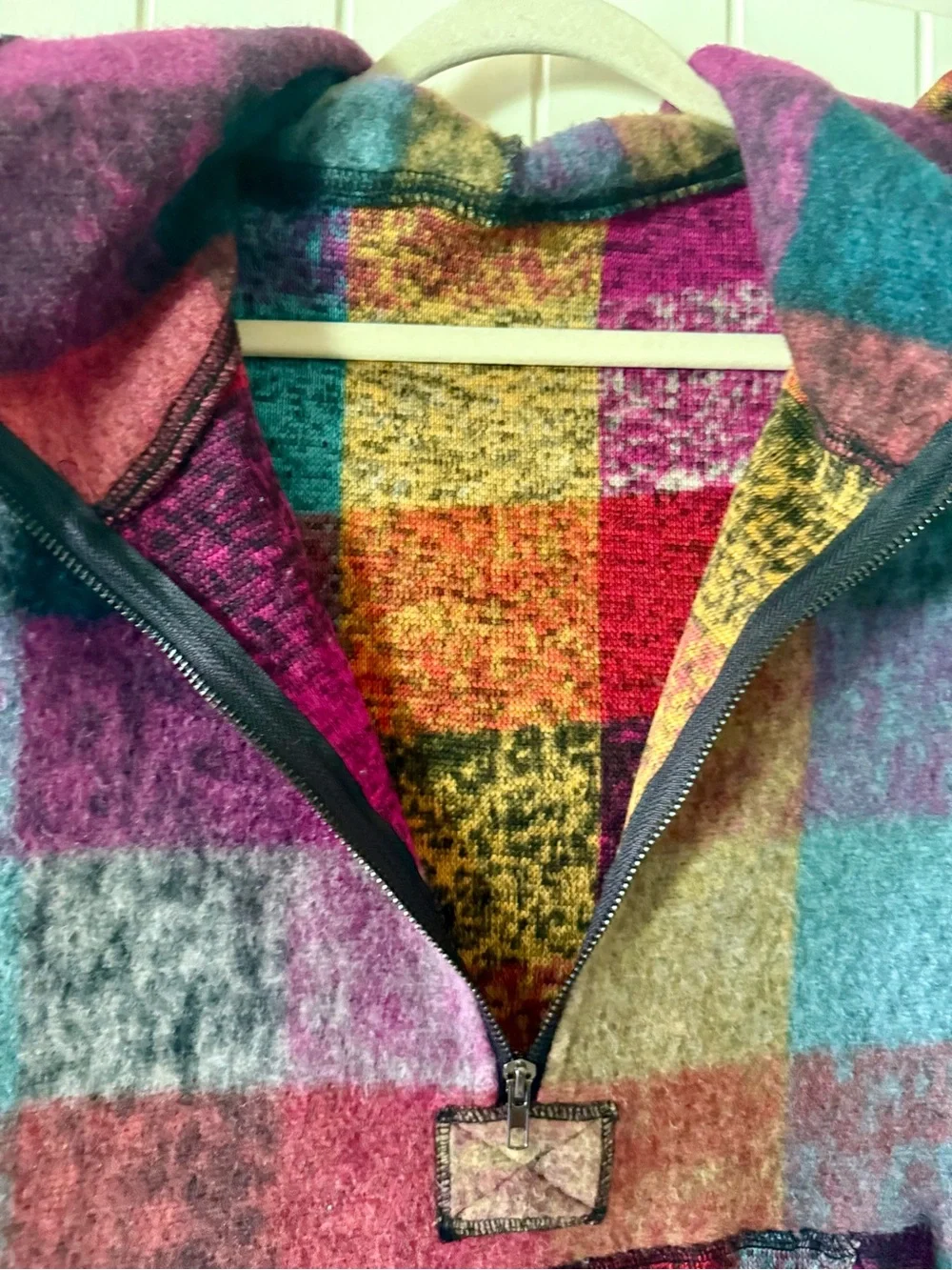 Plaid Multicolor Half-Zip Hoodie Sweatshirt - Pink Teal Mustard - Picture 7 of 15